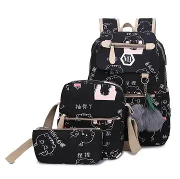Мужские портфели для школьников зарядка через usb 3 шт./компл. Для женщин школьные рюкзаки опрятный парусиновый рюкзак, школьный рюкзак для подростков мальчиков ранец - Цвет: black XM8701
