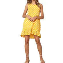 Women Polka Dot Boho Mini Dress Ruffle Hem Summer Casual Sleeveless Evening Party Tunic Loose Tops Beach Holiday Sundress tiered ruffle hem dot jacquard dress