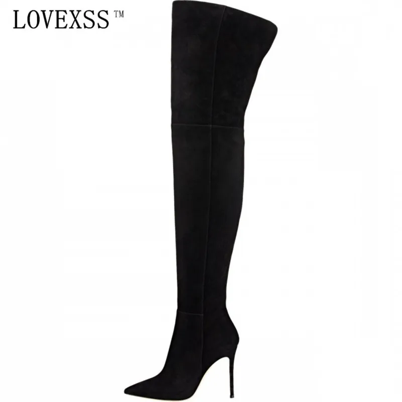 

LOVEXSS Over The Knee Boots Winter Black Gray Brown High Heel Genuine Leather Woman Boots Large Size 34 - 46 Pointed Toe Shoes