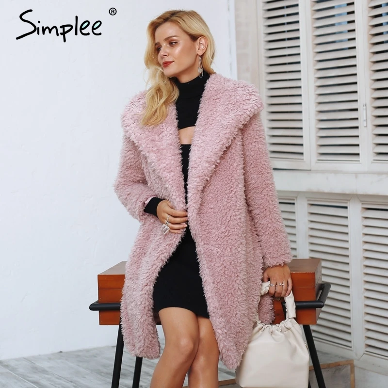 Simplee Warm winter faux fur coat women Fashion streetwear elegant long coat female 2018 Pink casual autumn coat outerwear