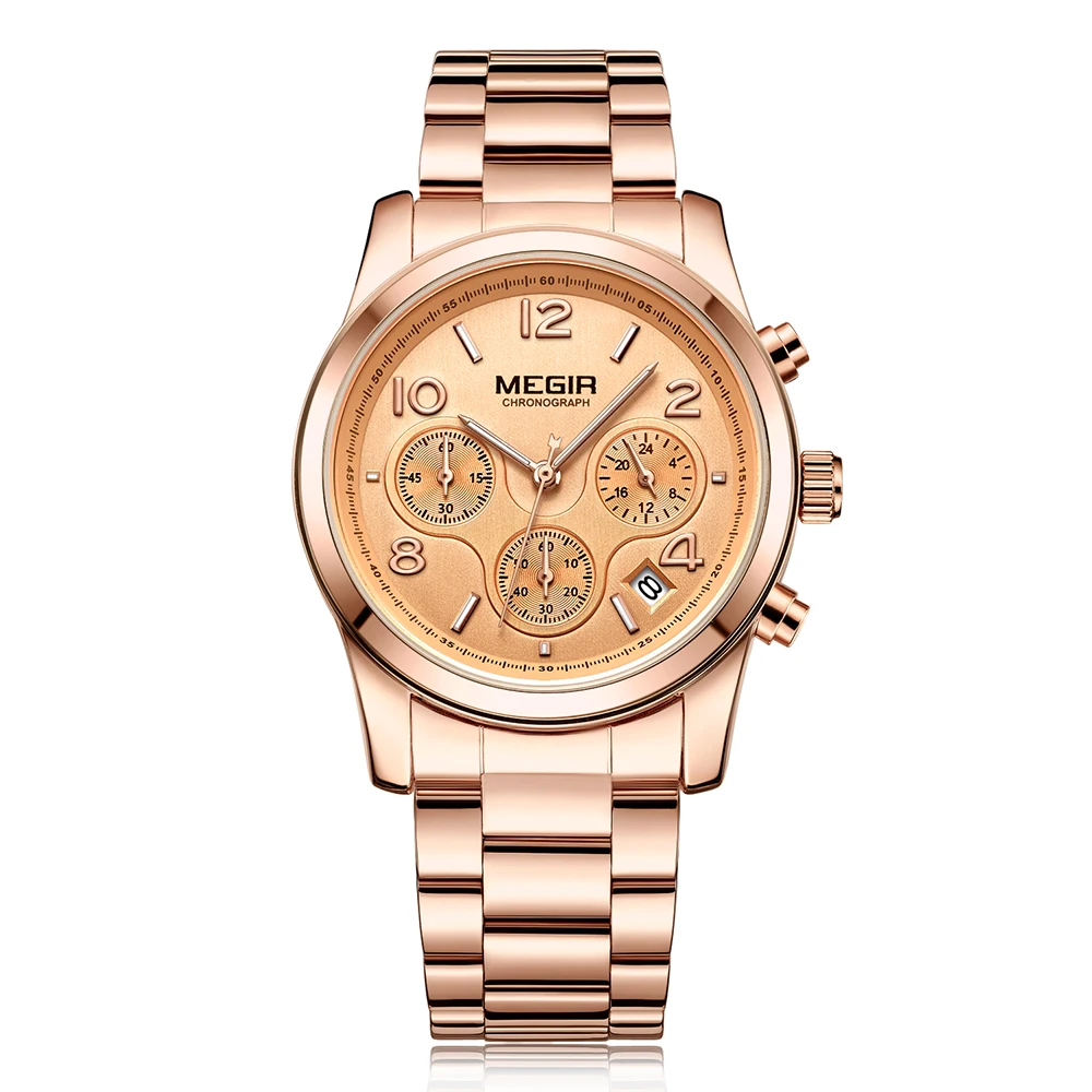 Relógio de Quartzo Relógio com Ouro Relógio de Pulso para Senhoras Megir Feminino Cronógrafo Inoxidável Bracelete Calendário Display Aço