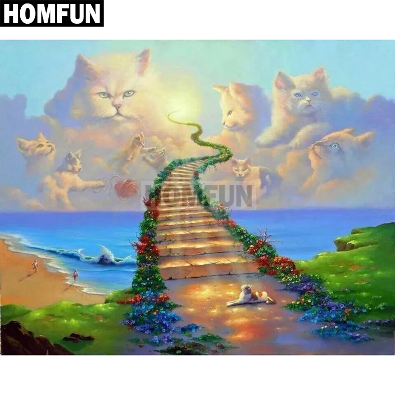 

HOMFUN Full Square/Round Drill 5D DIY Diamond Painting "Ladder cat" Embroidery Cross Stitch 5D Home Decor Gift A02363