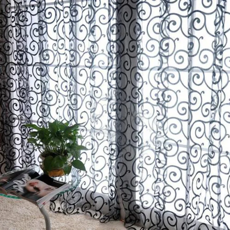 

European Style Burnout Tulle Curtains for Living Room Window Screening Sheer Bedroom Luxury Fashion Transparent Black Drapes