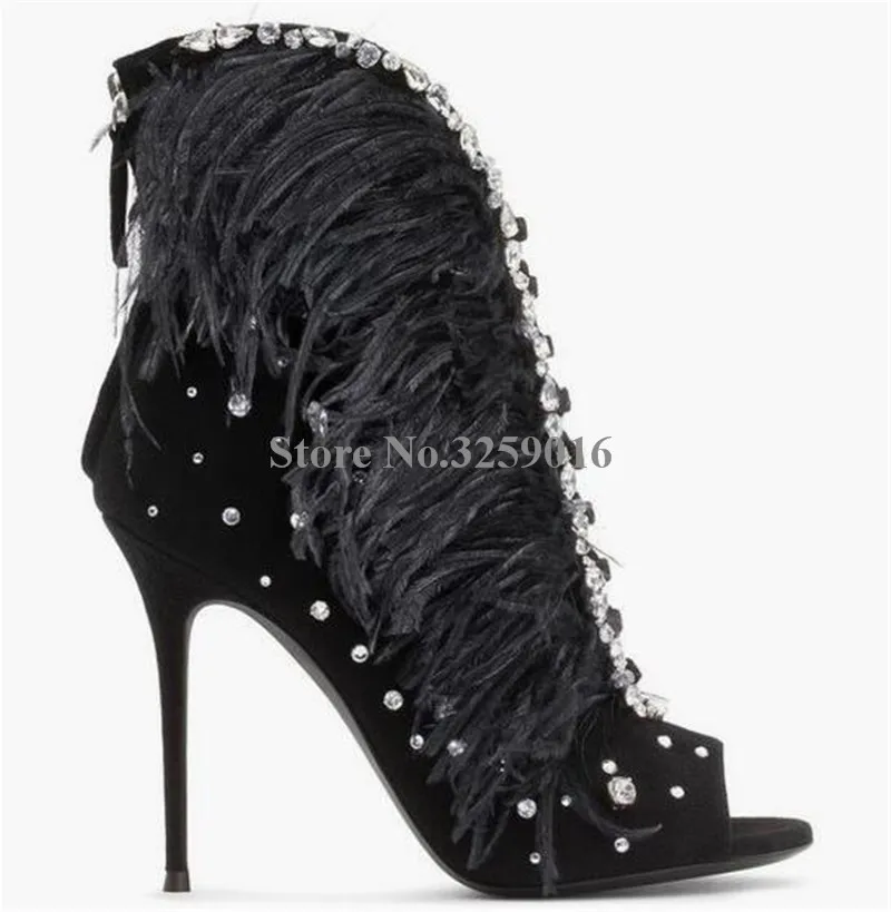 

2018 Spring New Fashion Women Open Toe Suede Leather Rhinestone Feather Ankle Boots Black Pink Crystal High Heel Short Boots