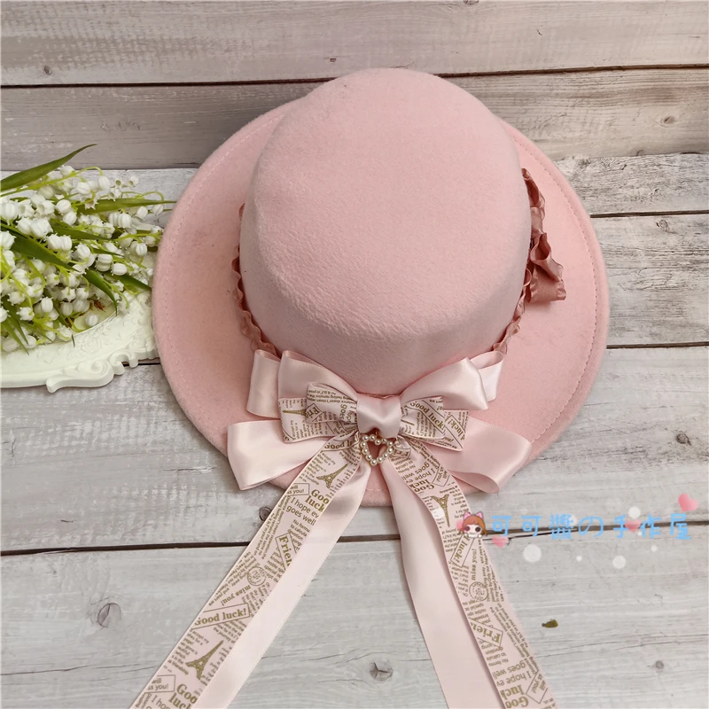 Шерстяная шапка в стиле Лолиты; сезон осень-зима; Мягкая Милая шерстяная бархатная шапочка в британском стиле; Плоский Вдоль верха; шляпа с бантом - Цвет: Pink