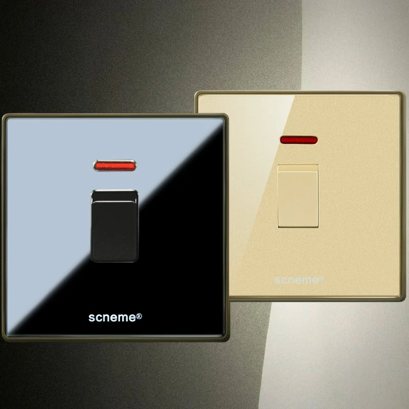 

25A 1gang UK Standard Push button switch, Black/Gold Crystal acrylic panel wall light switch, With red indicator light
