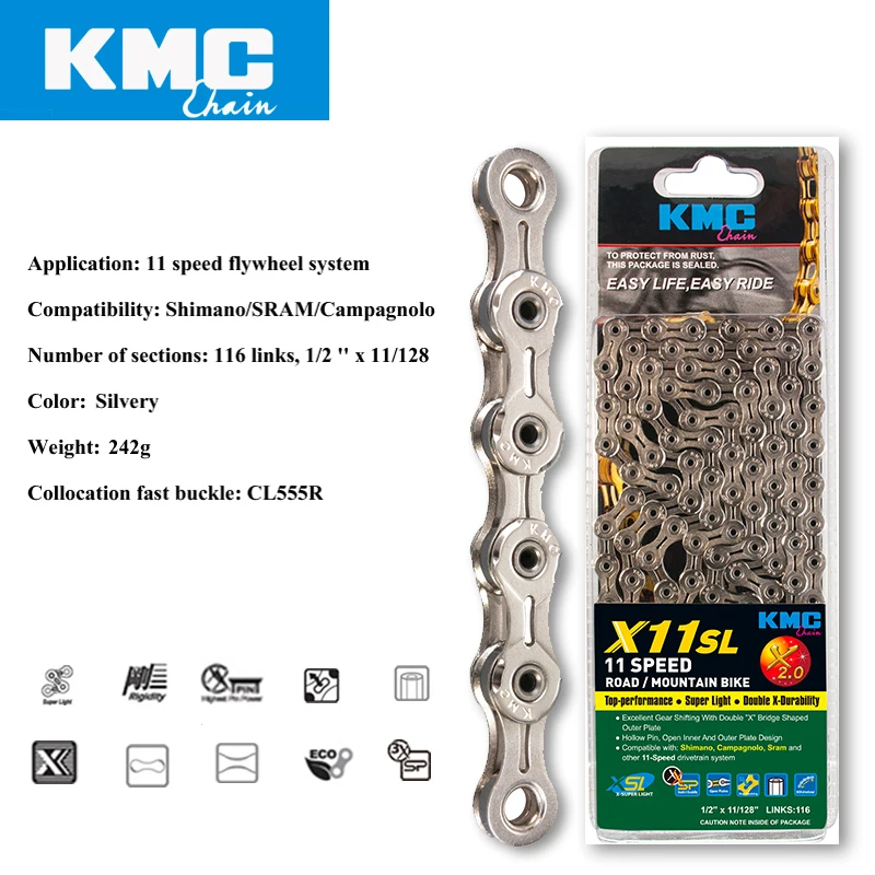 Excellent KMC X11SL gold silvery bicycle chain 11 speed 116 links quick link full hollow 242g MTB mountain bike chain road 11 variable 2