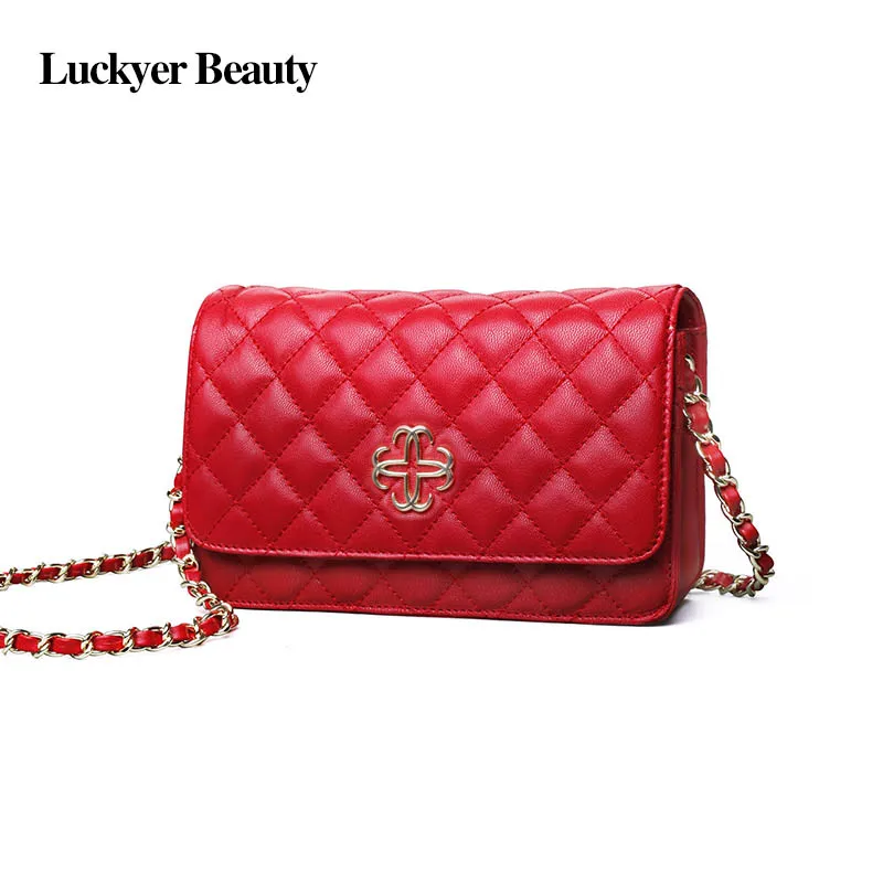 LUCKYER BEAUTY Real Sheepskin Red Flap Chain Crossbody Bags Female Designer Luxury Shoulder Bag ...