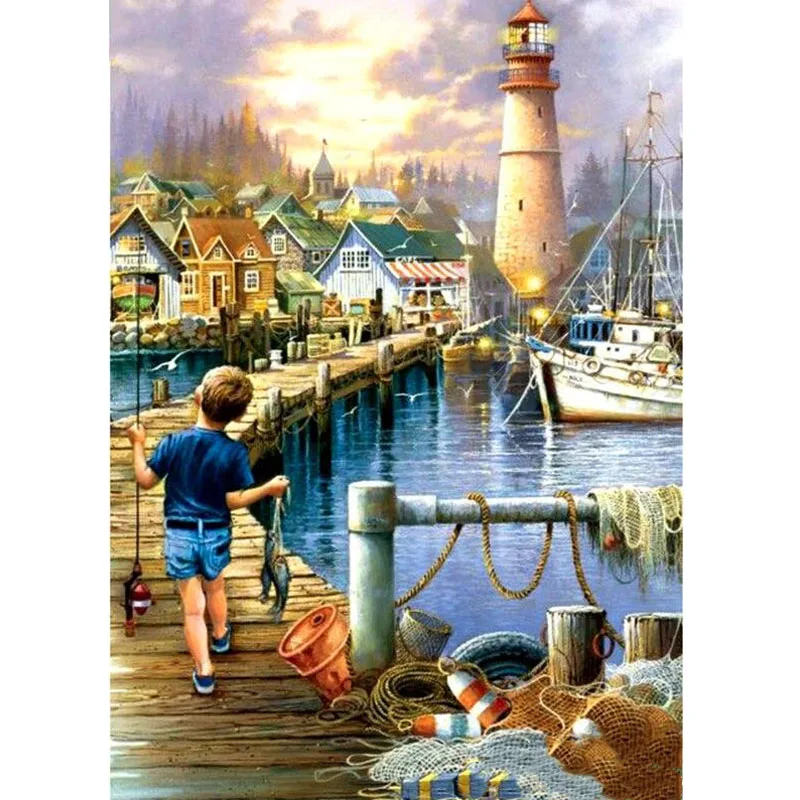 Full Square Drill 5D DIY Diamond Painting Fishing Boy Kid Tower Scenery&quot Embroidery Cross Stitch Lighthouse Home Decor Gifts | Дом и сад