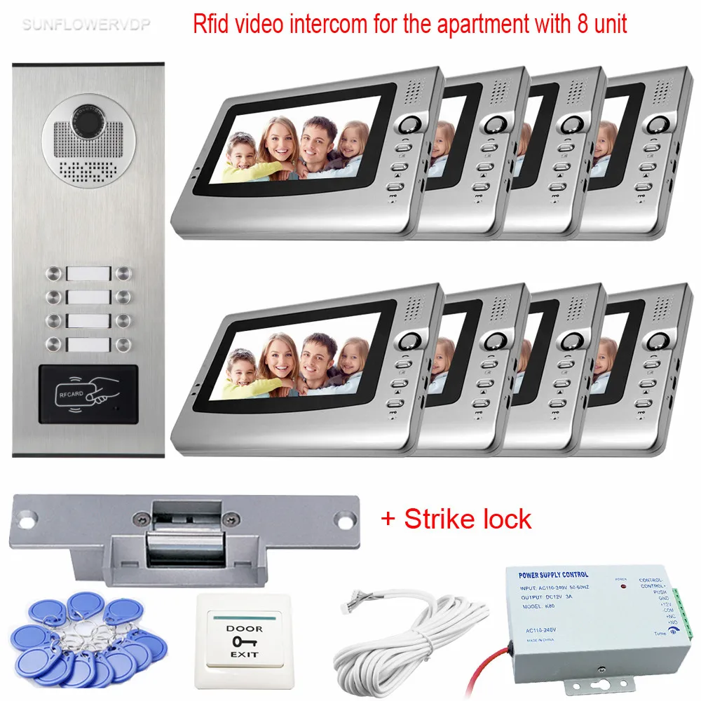 

7" Color Interphone Video For 8 Apartments Intercom Video Rfid Camera For Doorphone Video Doorbell With Wired Door Bell lock