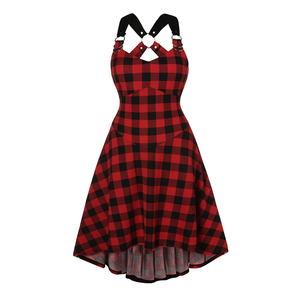 

ROSEGAL Plus Size Plaid O Ring Criss Cross High Low Dress Vintage Sleeveless A Line Party Dress Retro Swing Dress Vestidos