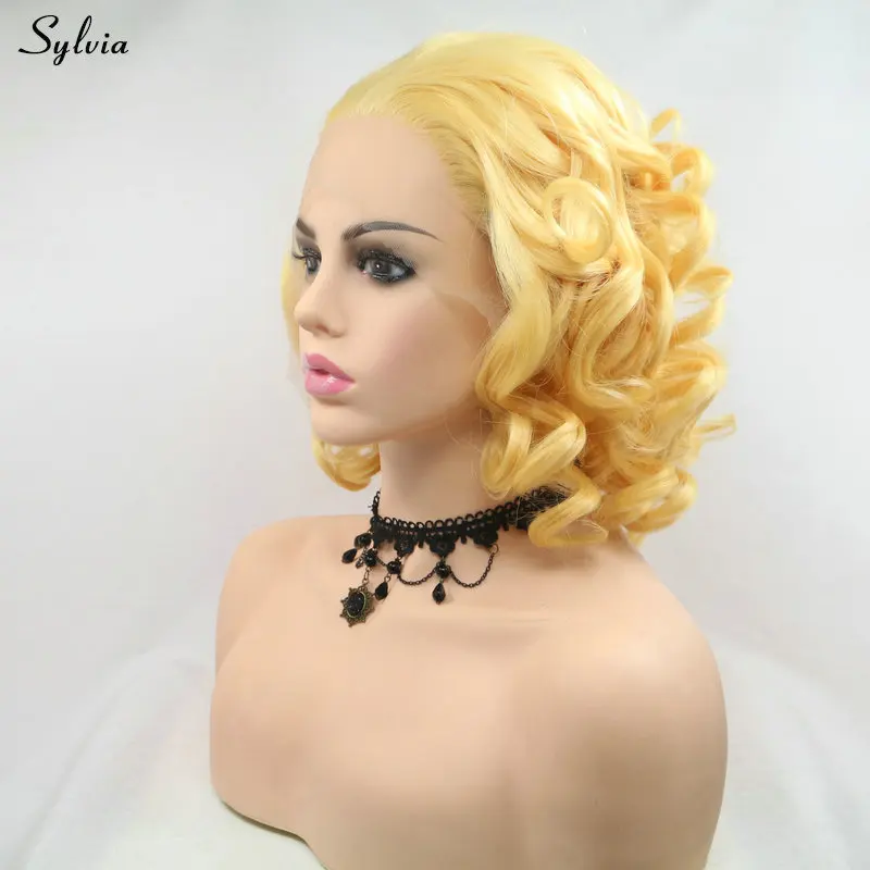 Resistente ao Calor Dianteira do Laço Natural do Cabelo Férias para Mulheres Sylvia Perucas Loiras Ombre Sintético Peruca Linha Fina Curto Bob Meninas Verão 5 do cabelo de fibra para as meninas