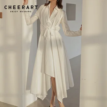 

Cheerart Long Dress Women Asymmetrical Bandage Long Sleeve Shirt Dress Autumn Tunic Midi Dresses Robe Femme Clothes