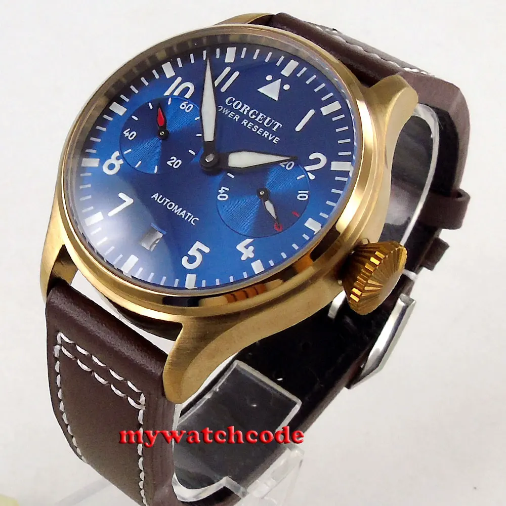 

42mm CORGEUT blue dial bronze plated case power reserve Automatic mens Watch 123