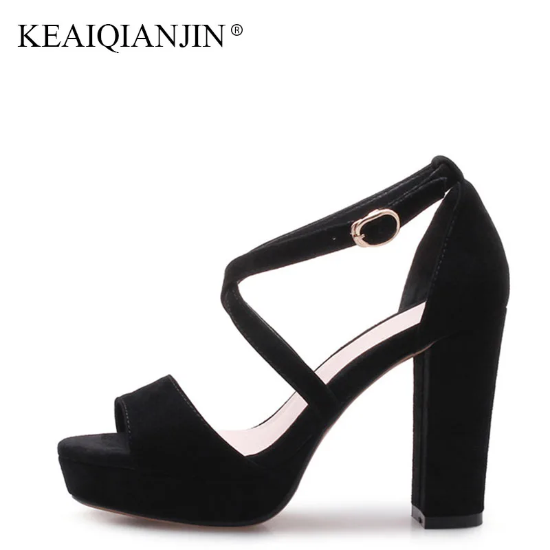 

KEAIQIANJIN Woman Genuine Leather Peep Toe Sandal Fashion Black High Heels Shoesa Sexy Genuine Leather Cross Tied Sandal 2018