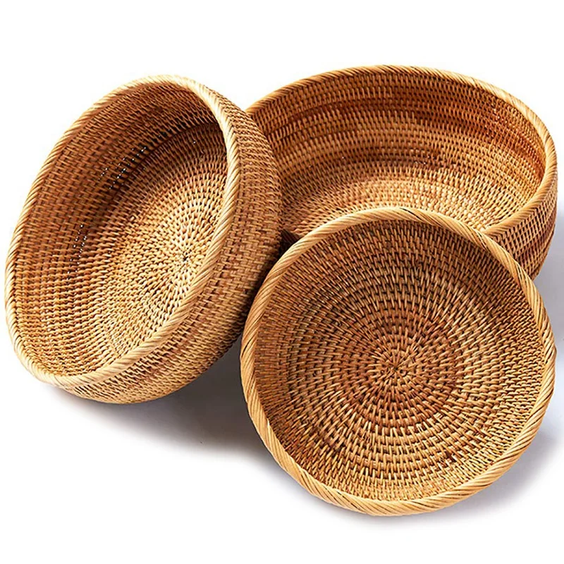 Hadewoven Round Rattan Fruit Basket Wicker Food Tray Weaving Storage Holder Dinning Room Bowl (3-Size Kit)