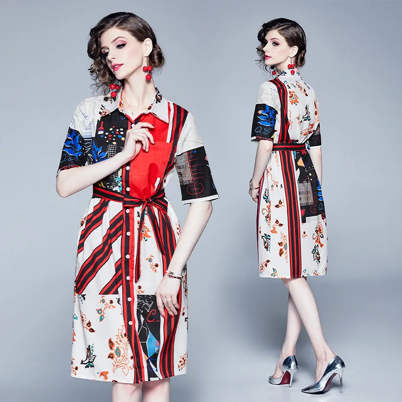 

2019 Summer Dress Fall Runway Vintage Print Single-breasted Shirt Geometric Women Lady Casual Offical Elegant Dresses