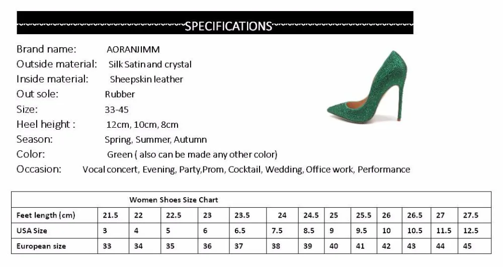 AORANJIMM/, настоящие фото, зеленые прозрачные стразы, женские Вечерние туфли на высоком каблуке под платье туфли-лодочки, Размеры 33, 34, 42, 43, 44, 45