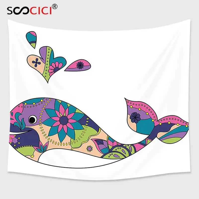 Cutom Tapestry Wall Hanging Whale Decor Vector Pastel Painted Moden Indian Floral Designed Smiling Artwork Multi Colored | Дом и сад