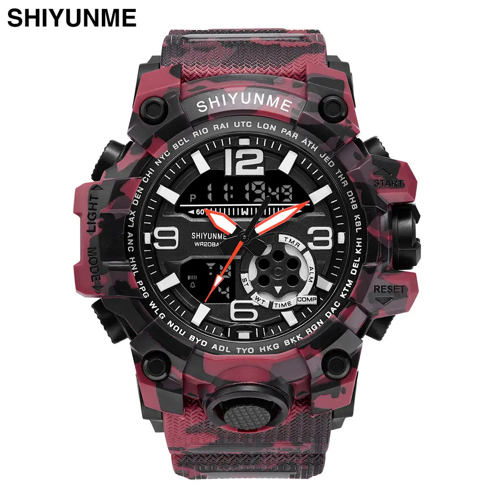 2019new Brand Sports Watches Men Dual Time Camouflage Military Watch Men Army LED Digital Wristwatch 50M Waterproof Men's Clock - Цвет: Красный