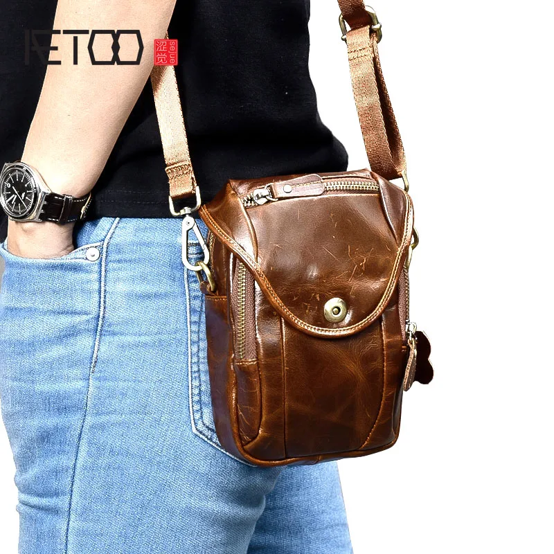 

AETOO Oil wax leather men's small bag retro tide dual-use leather mini shoulder Messenger bag purse