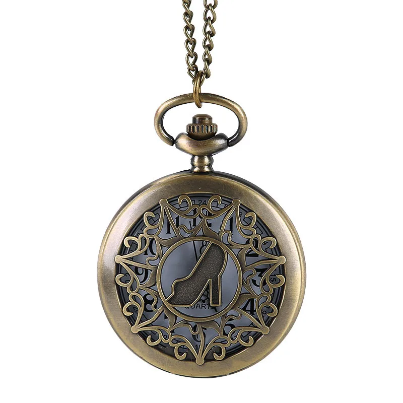 9027 Large Bronze Craved Flower Pattern Hollow Womens' high-heeled shoes Pocket Watch with waist chain | Наручные часы