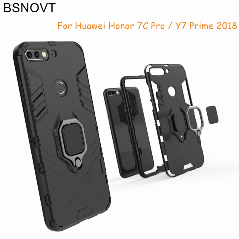 BSNOVT Huawei Y7 Prime 2018 Case Honor 7C Pro Shockproof Cover Finger Ring Magnetic Holder Soft TPU Back For |