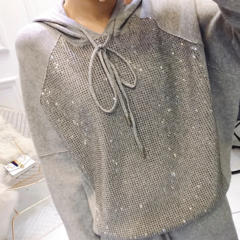 

2019 Special Offer Cotton Full Hooded New Women's Suit Casual Fashion Hot Drilling Knit Jacket + Trousers Two-piece Women
