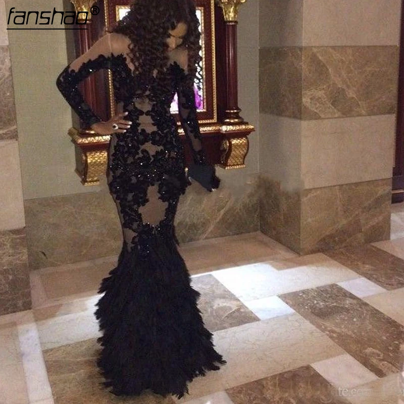 Luxury Plus Size Black Prom Dresses With Long Sleeves Sheer Mermaid 