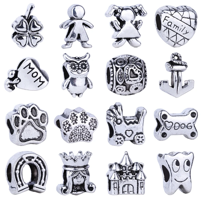 

44 Types Antique Silver Boy Girl Family Mom Heart Dog Paw Owl Charms Beads Fit Pandora Charm Bracelet DIY Jewelry Making Gift