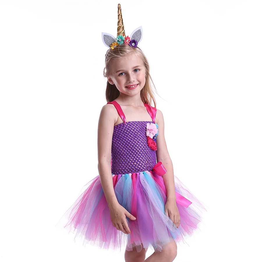 Girls Unicorn Halloween Tutu Dress with Head Hoop Kids Flowers fancy Dress (10)