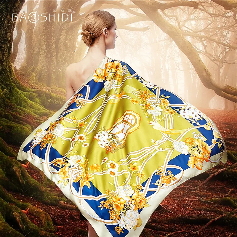 

[BAOSHIDI]2018 Autumn New Arrival, 16m/m 100% silk satin scarf,Fashion Square Scarves women,Floral pattern design infinity hijab