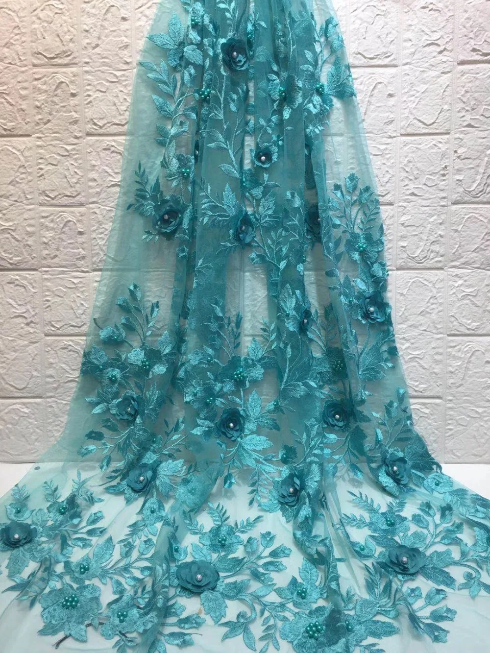 

French lace fabric 5yds/pce dhl turquoise blue 3d petals beads fabrics women gorgeous luxury asoebi party event dresses 2019 new