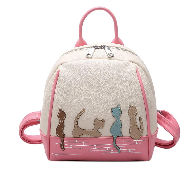 

LANYIBAIGE High Quality Leather Woman Backpack Kitten Pattern School Bags For Teenager Girls Leisure Female Backpack Red Blue