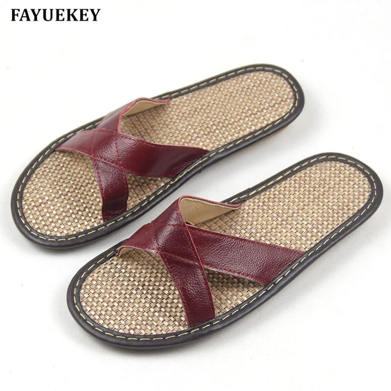 baratas FAYUEKEY 2018 Couro Nova Primavera Verão Casa Chinelos Mulheres Piso Interior Chinelos de Praia Ao Ar Livre Meninas Sapatos Baixos
