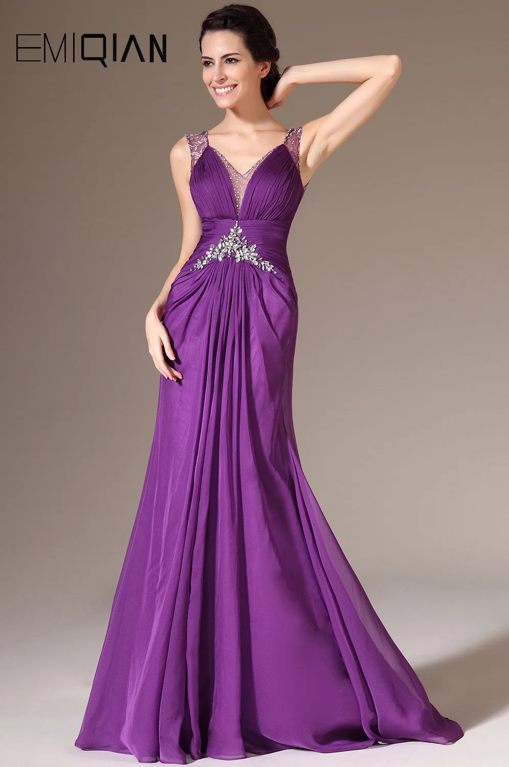 Freeshipping V Neck A Line Purple Lace Chiffon & Lace Evening Dresses