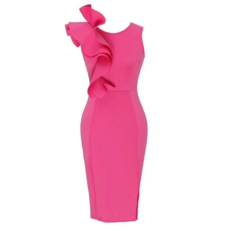 

Summer New Bodycon Dress Sleeveless Vintage Ruffles Split Party High Waist Fashion Elegant Sexy Evening Slim Female Midi Dresses
