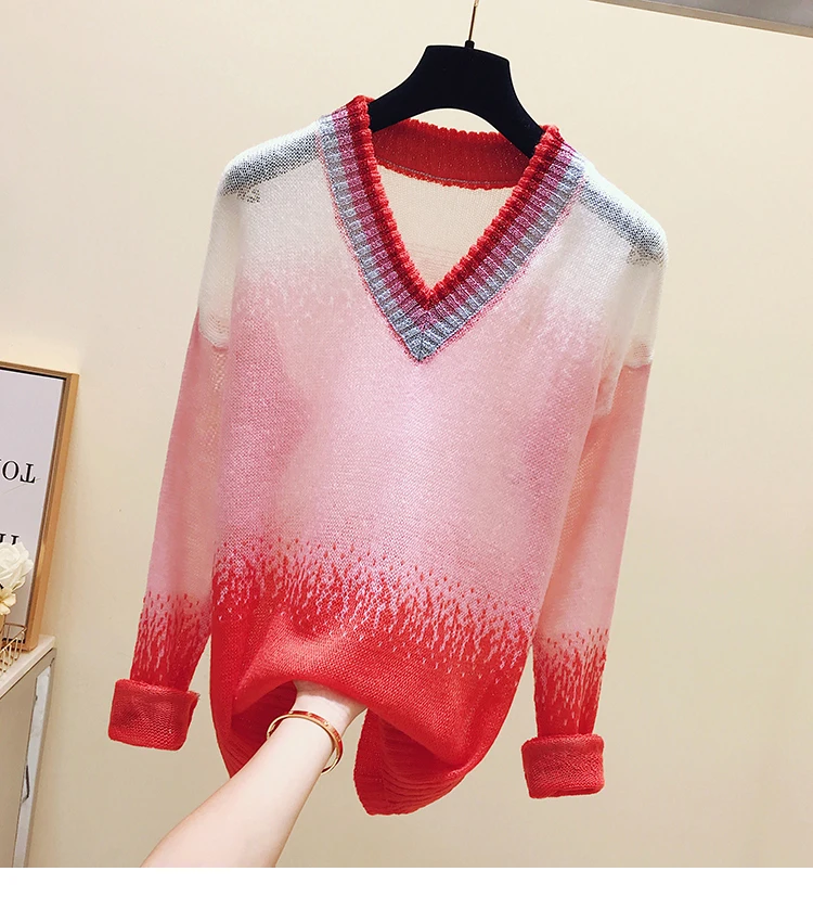 Korobov Harajuku хит цвет эффектные женские свитера корейский v-образный вырез сладкий длинный рукав джемпер вязаный Sueter Mujer пуловеры 78253