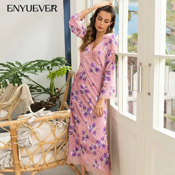 

Enyuever Casual Dress Women Clothes Fall 2019 Winter Floral Print V Neck Lace Vestidos Vintage Elegant Long Sleeve Party Dresses