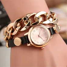 1PC Fashion Graceful Punk Women Gold Dial Leather Chain Wrap Analog Quartz Wrist Watch Bracelet Hot For Dropshipping Gift Z509