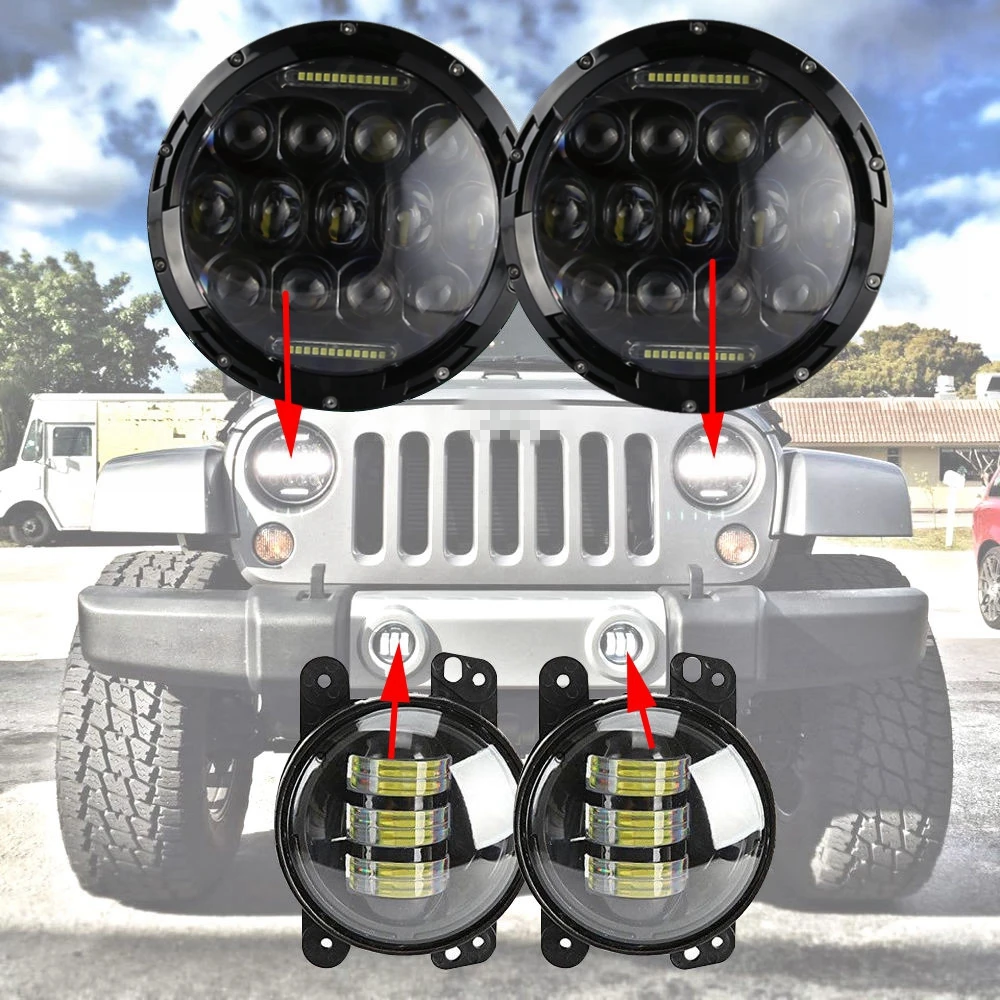 7inch DRL LED Headlight + 4inch LED Fog Light For Hummer Wrangler Jeep