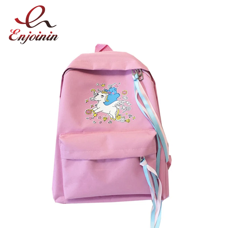 

Candy Color Cute Fashion Cartoon Unicorn Print Canvas Casual Tassel Girl's Zipper Bag Travel Backpack Shoulder Bag 3 Colors