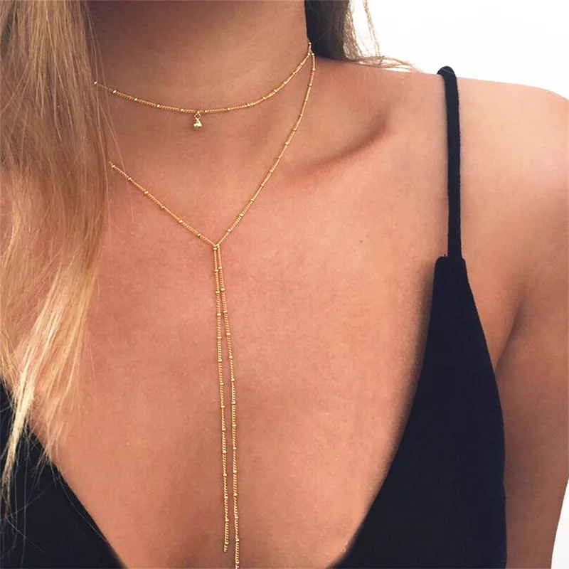 

2019 New Hot Fashion Simple Torques Gold Color & Silver Plated Double layer Long Bead Chain Chokers Necklaces For Women Jewelry