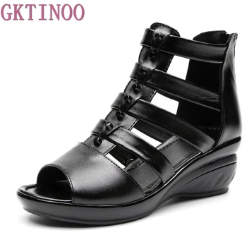 

GKTINOO 2018 Open Toe Gladiator Real Leather Women Sandals Back Zip Wedges Women Shoes Summer Fashion Shoes Plus Size 41