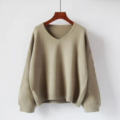 Winter Autumn Loose Pullovers Sweaters Woman Long Sleeve V Neck Solid Soft Warm Thick Bat Sleeved Sweater Oversize - Цвет: green