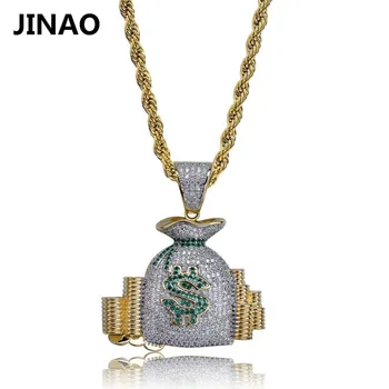 

JINAO Money Bags US Dollors Charms Pendants&Necklaces For Men Women Hip Hop Fashion Jewelry Zircons Full Paved Shiny Jewels