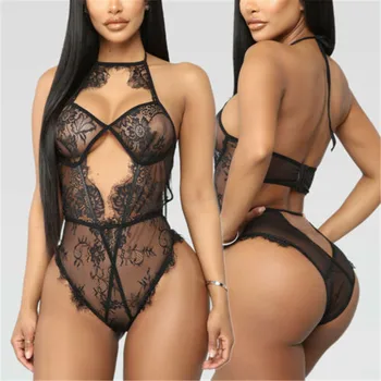 

2019 Brand New Style Sexy Lace Women's G-string Solid Babydoll Bodysuits Black