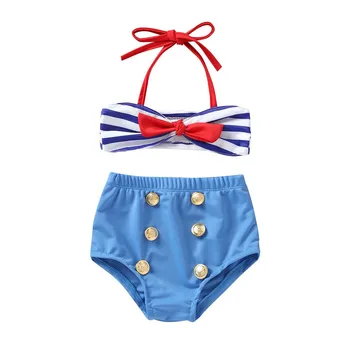 

2019 New Summer 2Pcs Infant Kids Baby Girls Swimwear Straps Swimsuit Bathing Bikini Bow Set Outfits Polyester Beachwear P40