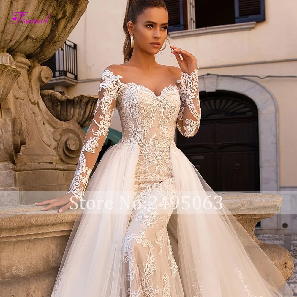 Fsuzwel Gorgeous Appliques Detachable Train Mermaid Wedding Dress 2022 New Arrival Boat Neck Long Sleeves Bridal Gown Plus size summer wedding guest dress