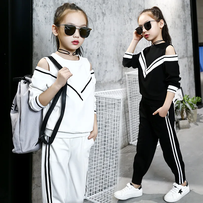 

Fashion Big Girls Sports Suits Off Shoulder Black and White Clothing Set for Teenage Spring Autumn Tracksuit Kids Plus Size Spor